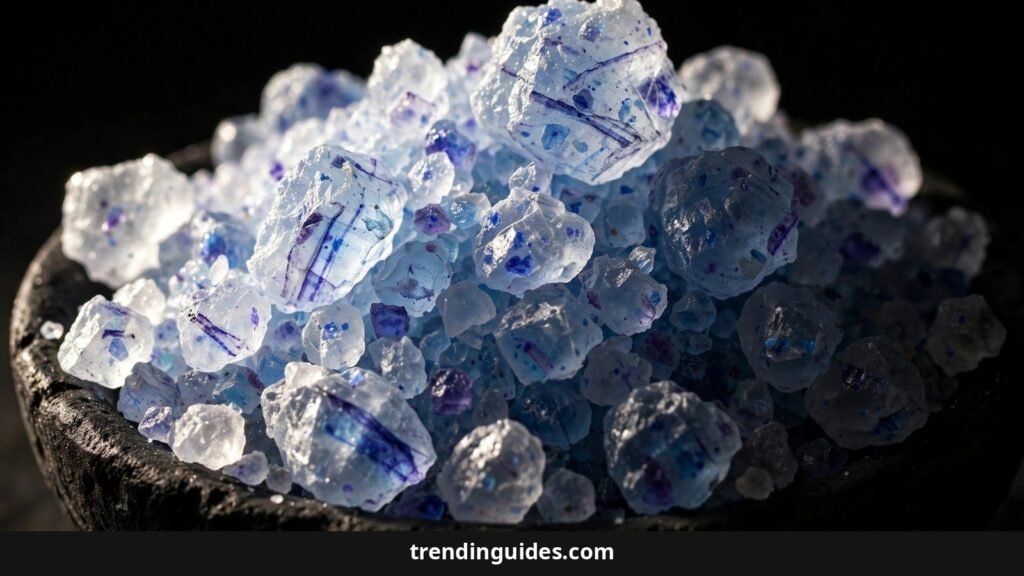 Close-up of Persian blue salt crystals with natural blue flecks