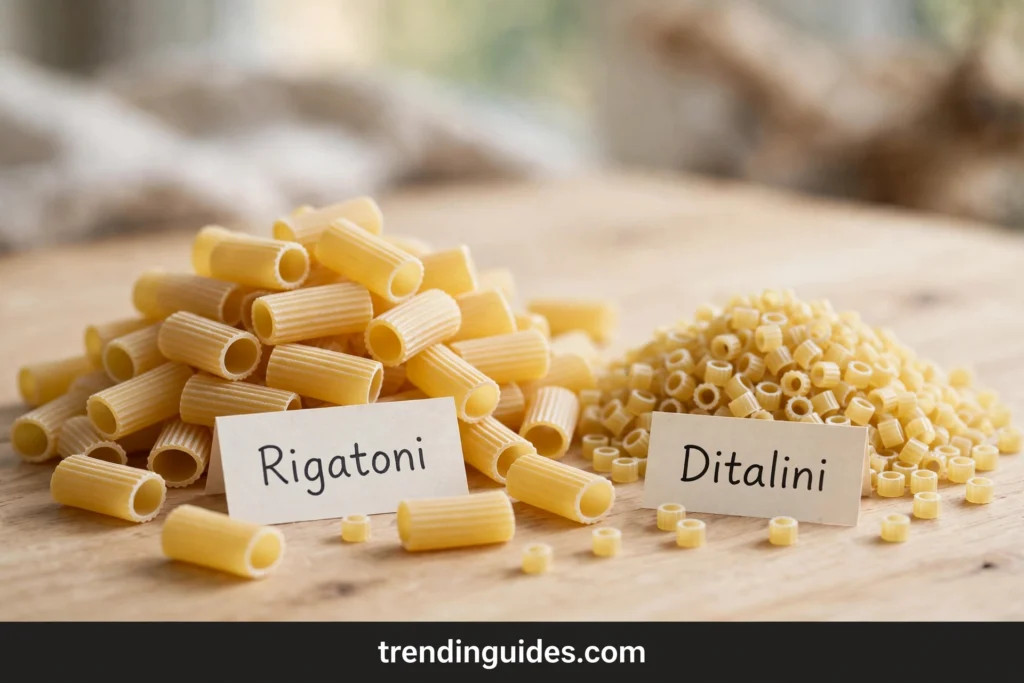 Dry rigatoni and ditalini pasta with labels