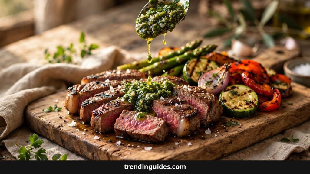 Spoon drizzling chimichurri sauce over grilled steak