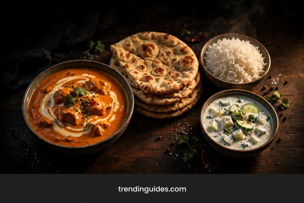 Butter chicken served with naan bread basmati rice and raita