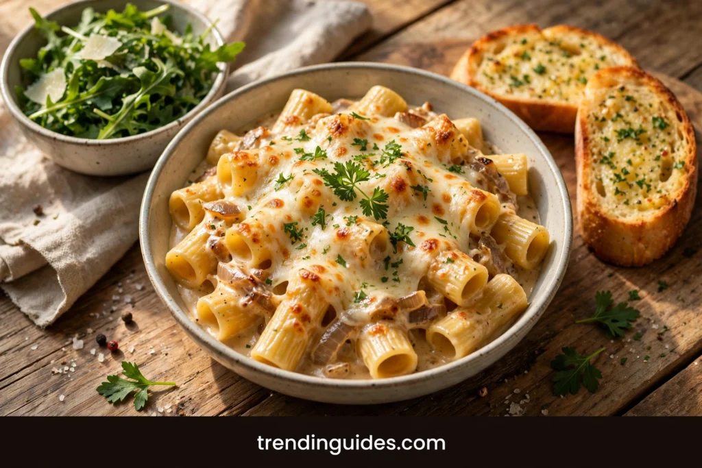 Bowl of French onion pasta served with salad and garlic bread