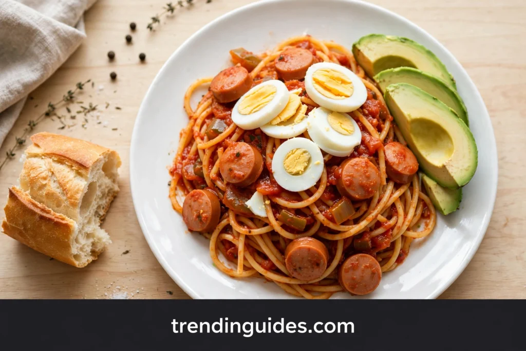 Haitian spaghetti served with boiled egg avocado and bread