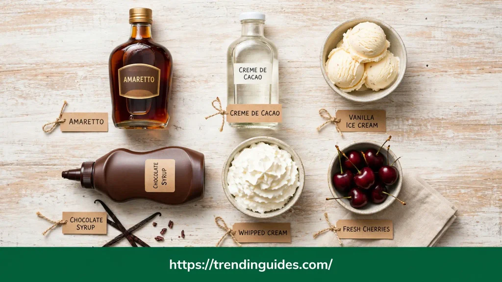 White Dove cocktail ingredients — amaretto, crème de cacao, vanilla ice cream, chocolate syrup, whipped cream and cherries