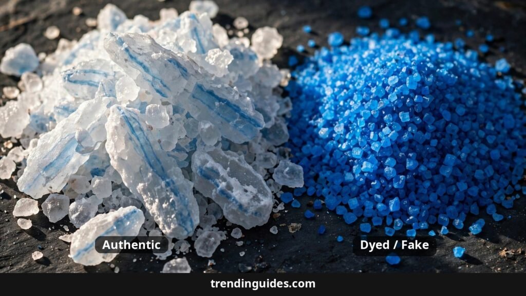 Authentic Persian blue salt with uneven blue streaks next to dyed fake blue salt