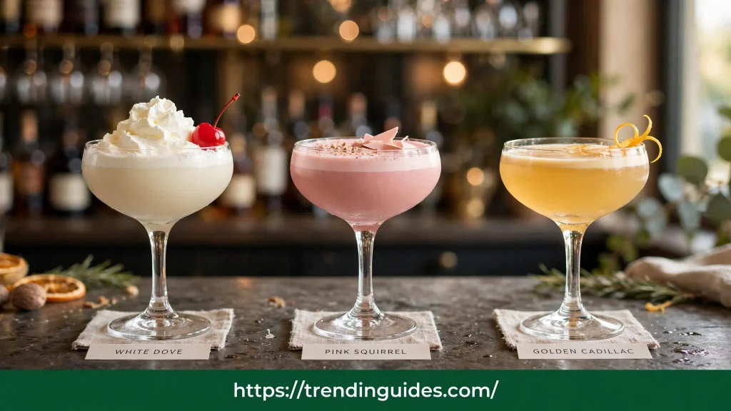 White Dove vs Pink Squirrel vs Golden Cadillac cocktails compared side by side